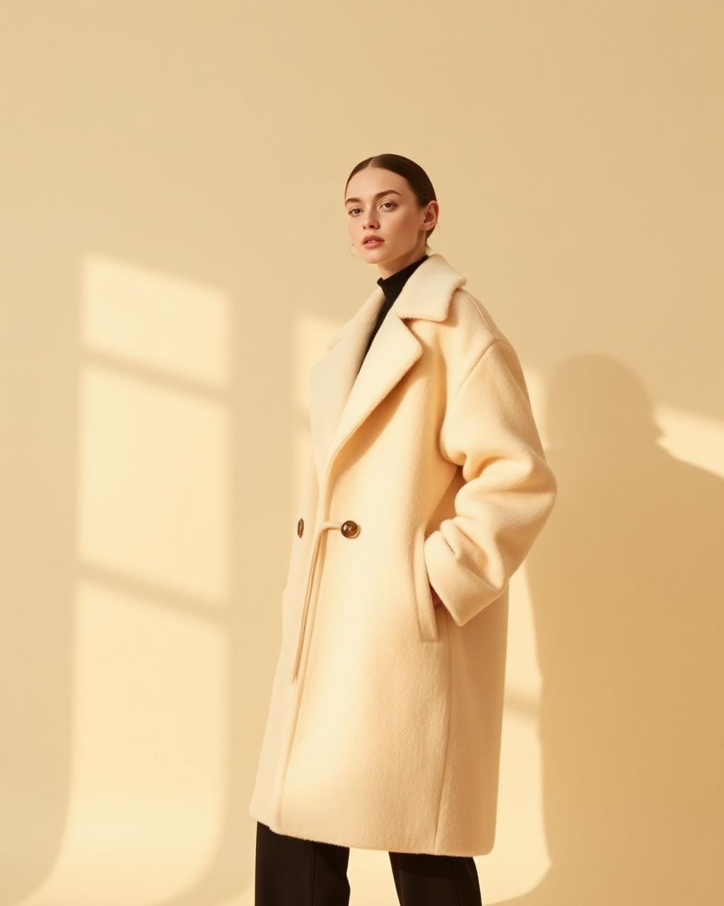 Editorial AI fashion still in cream wool coat